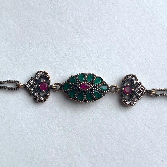 Emerald Ruby 925 Silver Bracelet Ottoman Design - Picture 2 of 7